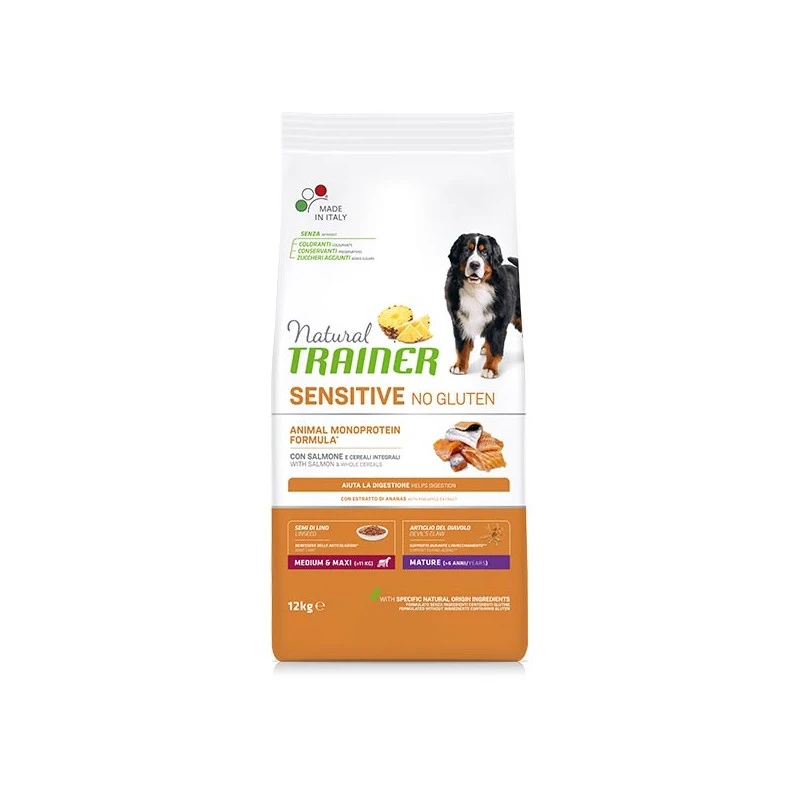 TRAINER Natural Sensitive No Gluten Medium & Maxi Mature Con Salmone 12 Kg. 3 TRAINER Natural Sensitive No Gluten Medium & Maxi Mature Con Salmone 12 Kg.
